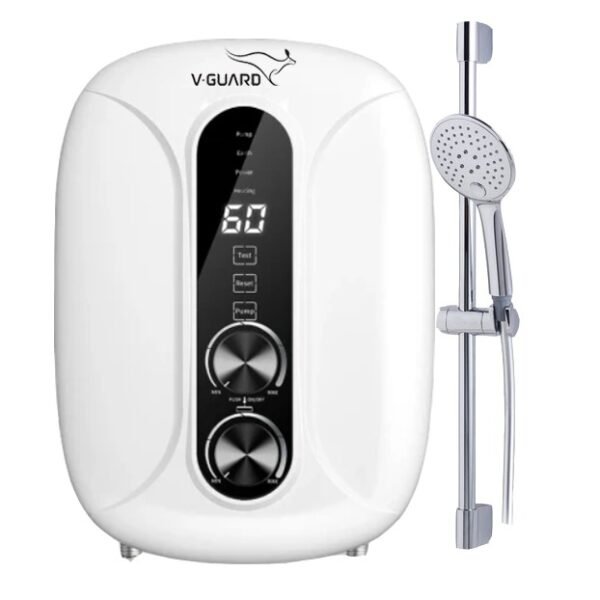 Brand - V-Guard Model : VG-55EP Type Water Heater (With Pressure Pump) Waterproof Grade IPX4 Control Mode Touch Control Power Rating 5.5KW Heating body Cast Aluminium Heater Spray Patterns 5 Spray Patterns (Massage, Mixed, Standard, Soothe, Jumbo) Water Flow Rate 2.6 Liters Per Minute Pressure Rating Min 0.1 Bar - Max 6 Bar Standards Thailand, Canada, USA, Malaysia & Singapore Safety Standards, High Quality UK Technology Heating Element With UL Approved Standard Temperature Controls Electronic Variable Power Temperature Control Power 220~240V Safety / Protection Triple Safety Protection (Built-In Auto Flow Switch Prevents Over Heating, Built-In 15mA Sensitivity Electric ELCB, Anti-Scalding Thermal Safety Design), Built-In Lightning Surge Protector (ELCB), Built-In RCD Residual Current Device (Cut Off Power In The Event Of Current Leakage), Plastic Stop Valve And None Conductive PVC Flexible Hose ( Safest & Simplest Solution In Preventing Electrocution To End User), Dual Temperature Thermal Cut-Off Protector Special Features Stepless Electronic Power Control, RoHS Compliance Product Free From Lead, Mercury, Cadmium, Hexavalent Chromium, Pbb And Pbde, AC Booster Pup 120W 220V Package Contents Shower Unit, Multi-Spray Hand Shower, Slider Rail Set, Hose & Washer, Soap Tray, Stop Valve With Filters, Screw & Wall Plugs, Operation Manual, Warranty Card Colors Silver Dimensions 356(H) x 246(W) x 117(D) Weight 4 Kg Other Information Electronic Variable Power Temperature Control, 3 In 1 Compact Stop, Flow & Filter Valve, 55 Celsius Degrees Anti-Scalding Warranty - 1 Year Comprehensive + 3 Years Heating Element