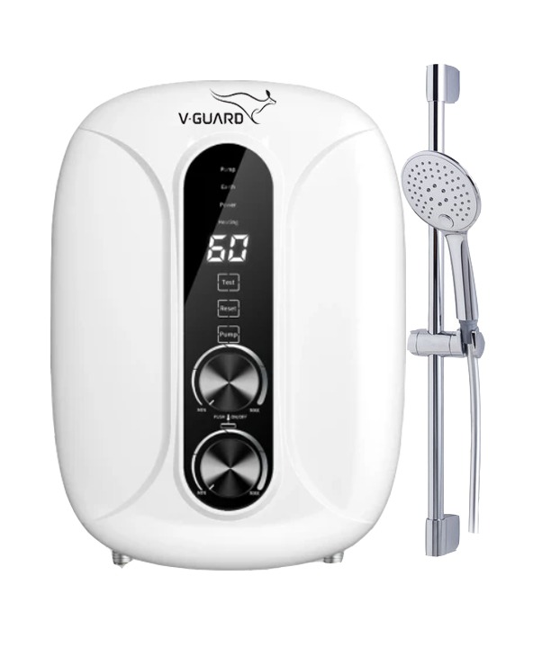 Brand - V-Guard Model : VG-55EP Type Water Heater (With Pressure Pump) Waterproof Grade IPX4 Control Mode Touch Control Power Rating 5.5KW Heating body Cast Aluminium Heater Spray Patterns 5 Spray Patterns (Massage, Mixed, Standard, Soothe, Jumbo) Water Flow Rate 2.6 Liters Per Minute Pressure Rating Min 0.1 Bar - Max 6 Bar Standards Thailand, Canada, USA, Malaysia & Singapore Safety Standards, High Quality UK Technology Heating Element With UL Approved Standard Temperature Controls Electronic Variable Power Temperature Control Power 220~240V Safety / Protection Triple Safety Protection (Built-In Auto Flow Switch Prevents Over Heating, Built-In 15mA Sensitivity Electric ELCB, Anti-Scalding Thermal Safety Design), Built-In Lightning Surge Protector (ELCB), Built-In RCD Residual Current Device (Cut Off Power In The Event Of Current Leakage), Plastic Stop Valve And None Conductive PVC Flexible Hose ( Safest & Simplest Solution In Preventing Electrocution To End User), Dual Temperature Thermal Cut-Off Protector Special Features Stepless Electronic Power Control, RoHS Compliance Product Free From Lead, Mercury, Cadmium, Hexavalent Chromium, Pbb And Pbde, AC Booster Pup 120W 220V Package Contents Shower Unit, Multi-Spray Hand Shower, Slider Rail Set, Hose & Washer, Soap Tray, Stop Valve With Filters, Screw & Wall Plugs, Operation Manual, Warranty Card Colors Silver Dimensions 356(H) x 246(W) x 117(D) Weight 4 Kg Other Information Electronic Variable Power Temperature Control, 3 In 1 Compact Stop, Flow & Filter Valve, 55 Celsius Degrees Anti-Scalding Warranty - 1 Year Comprehensive + 3 Years Heating Element
